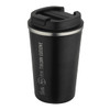 A drink bottle in matte black with a stainless steel lid and a logo on the side. It has a double wall vacuum design.