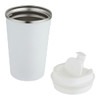 A drink bottle in white, featuring a double wall vacuum design and a removable lid. It includes a logo.