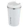 A drink bottle with a double wall design, featuring a white exterior, stainless steel rim, and a lid. Includes a logo.