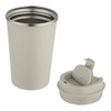 A drink bottle in a light grey colour with a removable lid and stainless steel rim. It features a logo.