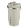A drink bottle with a double wall, vacuum insulated design, featuring a cream colour and a lid, includes a logo.