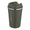 A drink bottle in dark green with a double wall vacuum design, featuring a lid and a logo.