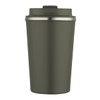 A drink bottle in a matte olive green colour with a stainless steel lid and a logo.