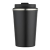 A drink bottle with a sleek black exterior and a silver rim, featuring a lid. Ideal for hot or cold beverages.