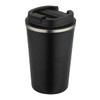 A drink bottle with a double-wall design, featuring a black exterior and a silver band around the top. It has a lid and a logo.