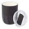 A drink bottle featuring a matte black exterior and a ceramic liner, accompanied by a clear lid.