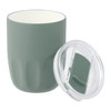 A drink bottle featuring a matte green exterior and a ceramic liner, with a clear lid. It has a logo.