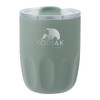 A drink bottle with a matte green finish, featuring a ceramic liner and a transparent lid. It has a logo on the front.