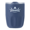 A drink bottle in navy blue with a matte finish and a clear lid, featuring a logo on the front.