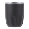 A drink bottle in matte black with a clear lid, featuring a logo on the side. The design is sleek and modern.