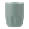 A drink bottle in a muted green colour with a transparent lid and a textured body. Features a logo. 