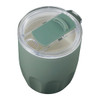 A drink bottle featuring a green exterior with a clear lid and a ceramic liner, suitable for hot beverages.