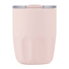 A drink bottle in soft pink with a clear lid, featuring a smooth finish and a branding logo on the surface.