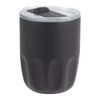A drink bottle in matte black with a clear lid, featuring a textured design and a logo.