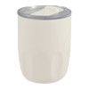 A drink bottle in cream with a clear lid, featuring a ceramic liner. Includes a branding logo.