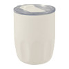 A drink bottle in cream with a transparent lid and a logo, featuring a smooth, rounded design.