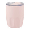 A pink vacuum coffee cup with a ceramic liner and a clear lid, featuring an integrated straw and a branding logo.