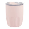 A drink bottle in soft pink with a clear lid, featuring a ceramic liner and a logo.