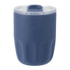 A drink bottle with a navy blue exterior and a clear lid, featuring a logo on the surface.