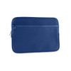 A blue neoprene laptop sleeve with a zippered pocket on the front and a smooth, padded exterior.