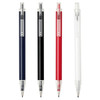 A set of four ballpoint pens in navy, black, red, and white, featuring clear barrels and branding.