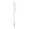 A recycled aluminium ballpoint pen in white, featuring a transparent grip section and a clip. It has a logo on its surface.