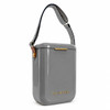 A stylish grey cooler with a shoulder strap, featuring a logo on the front and a sleek, modern design.