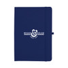 A navy A5 journal with an elastic closure and a logo on the front cover.
