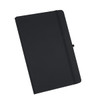 A black A5 journal with an elastic band closure and a logo on the cover.