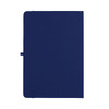A navy blue A5 journal with a sleek cover and an elastic closure. It has a logo on the front.