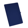 A navy A5 journal with a smooth cover, featuring an elastic band closure and a subtle logo.