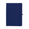 A navy A5 journal with a textured cover, an elastic closure, and a discreet logo.
