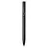 A black ballpoint pen made from recycled aluminium features a twist mechanism and includes a logo.