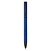 A blue ballpoint pen made from recycled aluminium with a black cap and clip, featuring a logo.