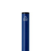 A blue twist ballpoint pen made from recycled aluminium, featuring a black cap and a logo indicating its eco-friendly materials.