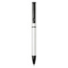 A black and white twist ballpoint pen made from recycled aluminium, featuring a logo on the barrel.