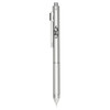 A stainless steel pen in silver featuring a textured grip and a logo on the side.