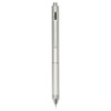 A silver 4-in-1 gravity pen made from recycled stainless steel, featuring a sleek design and branding.