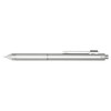 A silver stainless steel pen featuring a sleek design, with a clip and a textured grip, along with a logo.