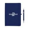 A navy blue journal with an elastic closure, accompanied by a matching pen. The journal features a logo.