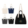 A collection of Darby Tote Bags in cream, navy, grey, and black, featuring long handles and a drawstring closure.