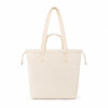 A light beige tote bag with two shoulder straps and a drawstring closure at the top. It has a simple branding logo.