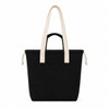 A black tote bag with cream handles and a drawstring closure, featuring a logo.