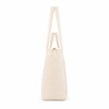 A beige tote bag with a drawstring closure and long, flat handles. It features a branding logo.