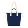 A navy blue tote bag with cream handles and a front pocket, featuring a logo on the front.