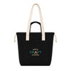 A black tote bag with long beige handles and a front pocket featuring a logo.