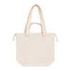 A cream tote bag with double handles and a front pocket, featuring a simple design and a logo on the side.