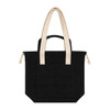 A black tote bag with beige handles and a front pocket, featuring a logo.