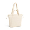 A cream-coloured tote bag with long straps and a front pocket, featuring a logo.