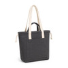 A dark grey tote bag with contrasting cream handles and a front pocket, featuring a branded logo.